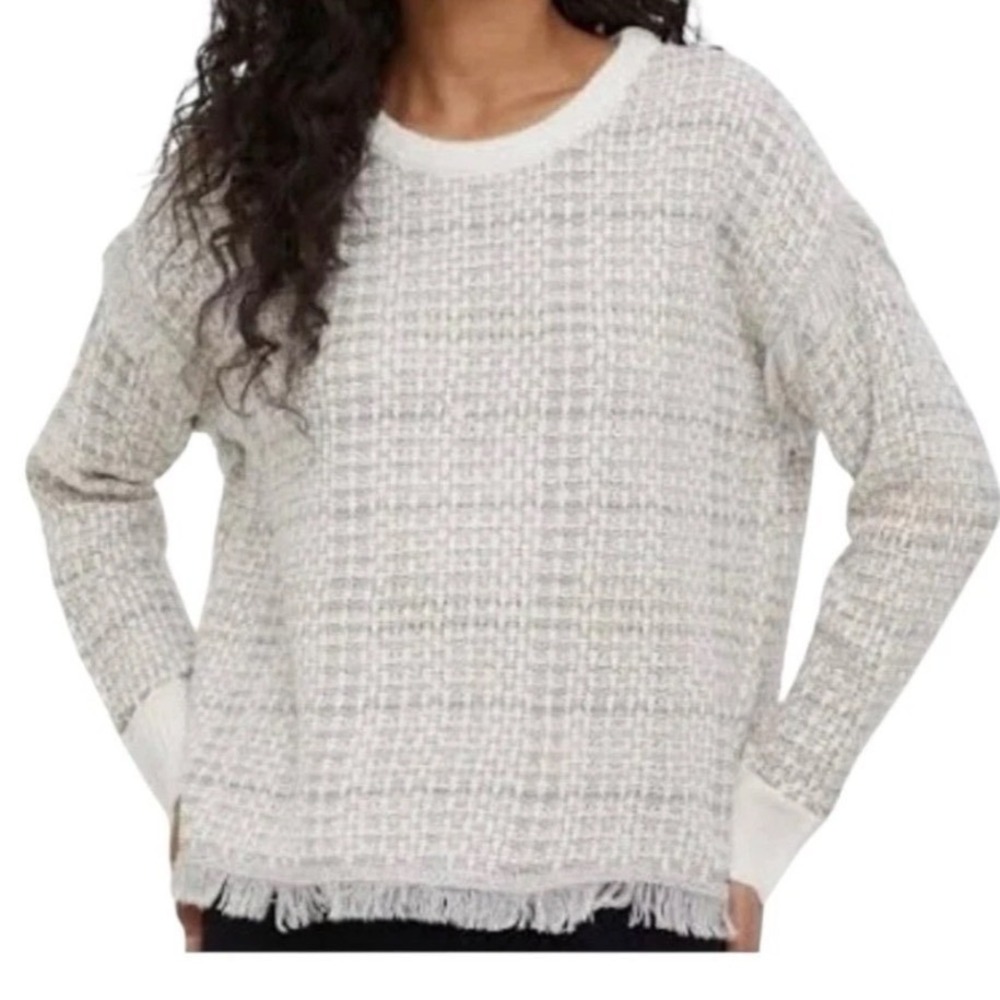 DKNY Metallic Plaid Fringe Sweater Cream Beige Medium - Factory Error Tag Sz XL